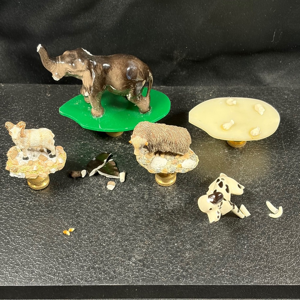 Vintage Animal Lamp Finials Lot Elephant Ram Dog Muskox Brass Parts Repair Craft
